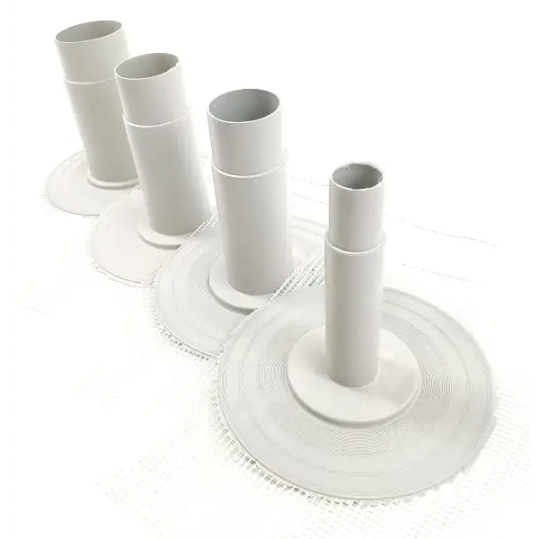 White cylindrical tubes on circular bases arranged in descending order for GRP Internal Drain Outlet