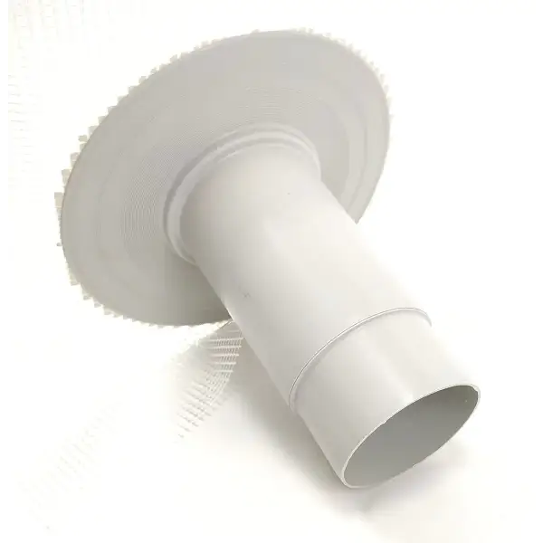 White plastic plumbing vent pipe with flared end and flashing collar for GRP Internal Drain Outlet