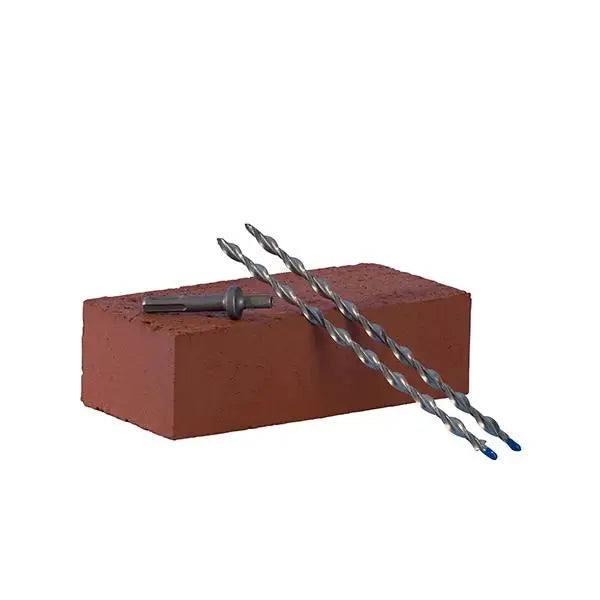 Bricklaying tools arranged on brick with Helical 9mm CD Wall Tie Packs displayed