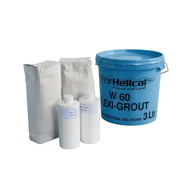 Blue bucket of W60 Exi-Grout with powder and liquid components for Helical Remedial W60