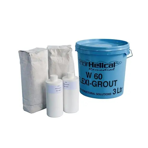 Blue bucket of W60 Exi-Grout with powder and liquid components for Helical Remedial W60