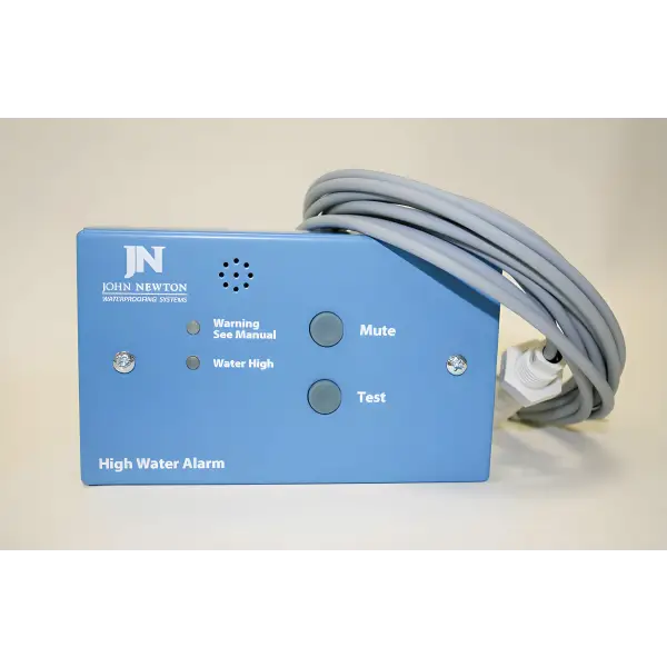 Blue Newton High Water Level Alarm device with control buttons and attached cable