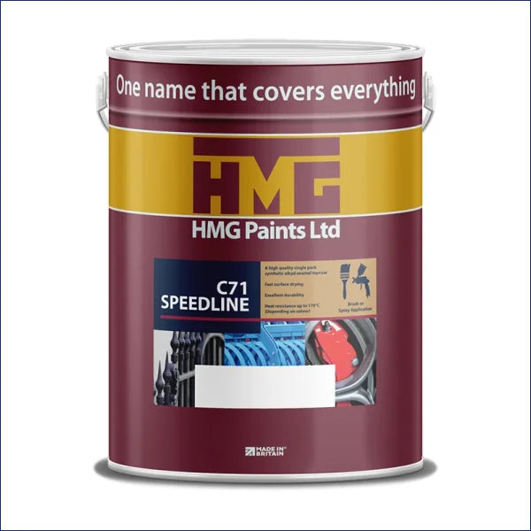 HMG C71 Speedline<span>&nbsp;</span>is a high quality, single pack, synthetic alkyd enamel suitable for brushing or spraying. Offers fast surface drying, good through drying (even in thick films), and a hard, tough finish, with minimal yellowing even at high temperature