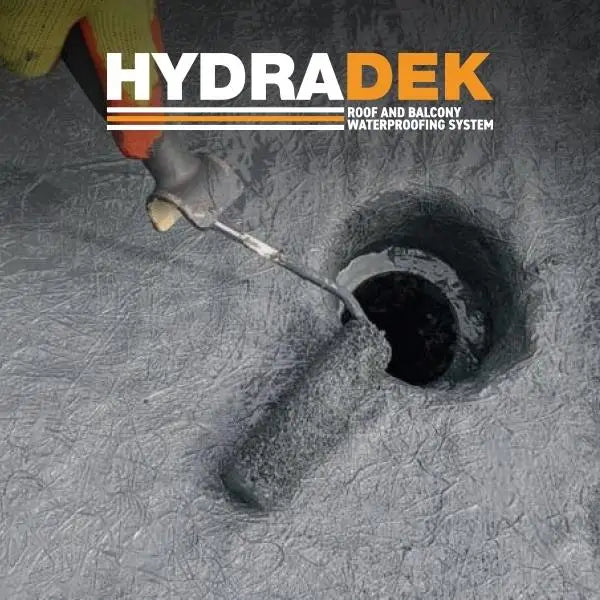 Circular drain hole in concrete receiving Hydradek Roof & Balcony Liquid Membrane treatment