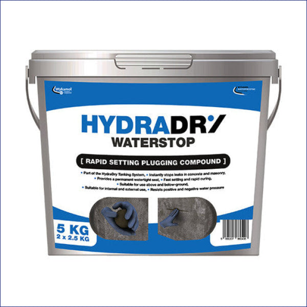 HydraDry WaterStop is a rapid setting, expanding, plugging and repair mortar. When mixed with clean water and applied correctly, it is designed to plug active water leaks and seepage in concrete and masonry.