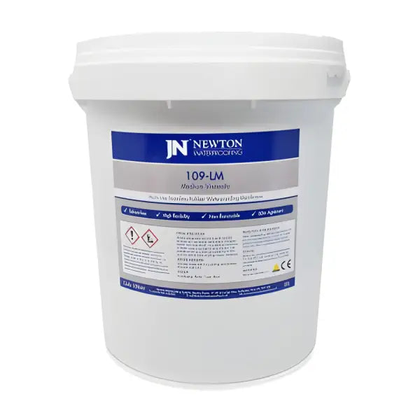 White plastic bucket with blue Newton Manufacturing label for Hydrobond 109-LM