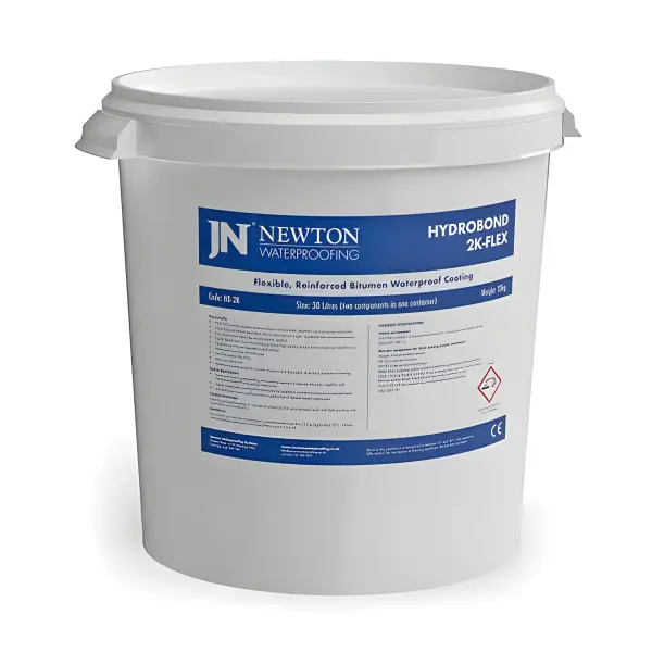 White plastic bucket of Newton Hydrobond 2K-Flex waterproofing compound with blue label