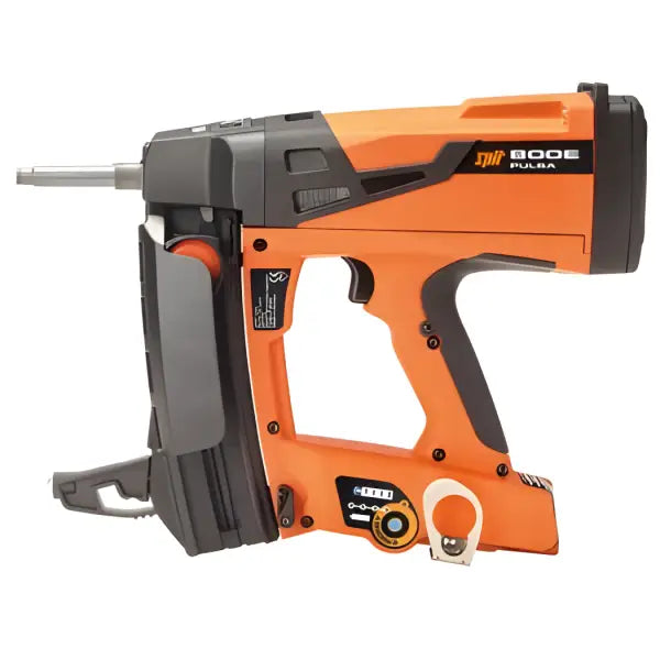 Orange and black gas-powered nail gun with pistol grip design for Newton Hydrobond Application Ancillaries