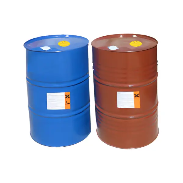 Two industrial metal drums, one blue and one brown, labeled with hazards, for Hyperdesmo Polyurea 2K-HC