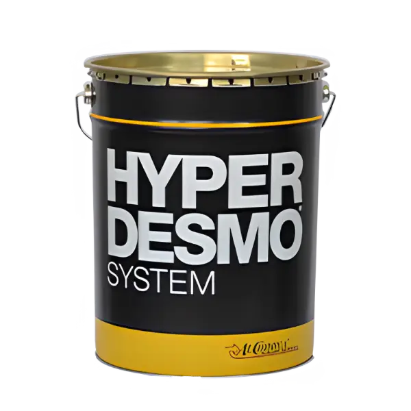 Black paint bucket featuring Hyper Desmo System branding and yellow accents