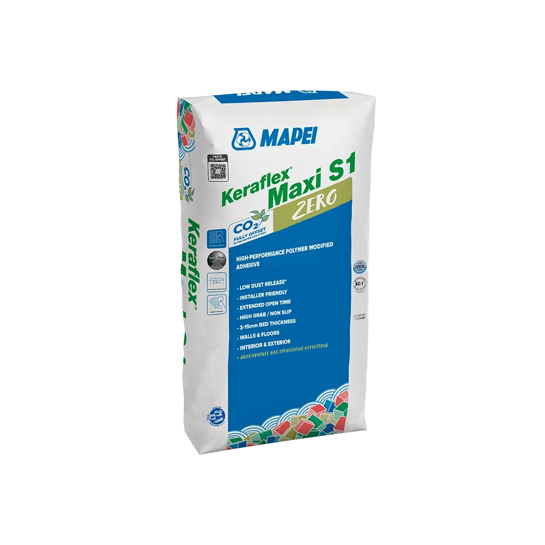 Keraflex Maxi S1 Zero – High-performance, deformable tile adhesive with low VOC, extended open time, and fully offset CO₂ emissions.