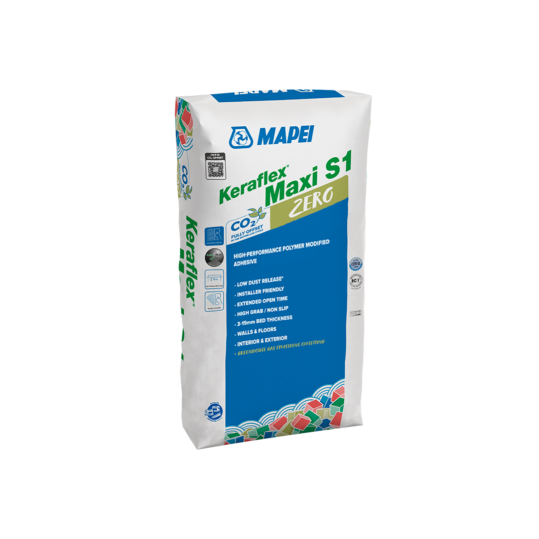 Keraflex Maxi S1 Zero – High-performance, deformable tile adhesive with low VOC, extended open time, and fully offset CO₂ emissions.