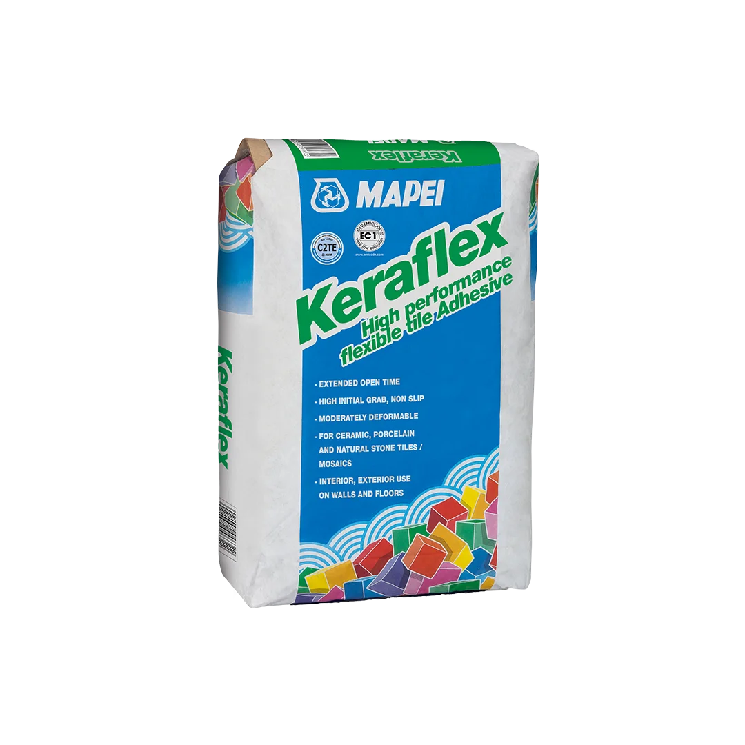 Bag of KERAFLEX high-performance tile adhesive in white or grey, 20kg packaging, suitable for ceramic, porcelain, and stone tile installation.