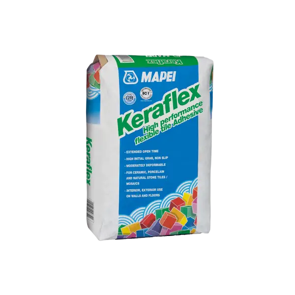 Bag of KERAFLEX high-performance tile adhesive in white or grey, 20kg packaging, suitable for ceramic, porcelain, and stone tile installation.