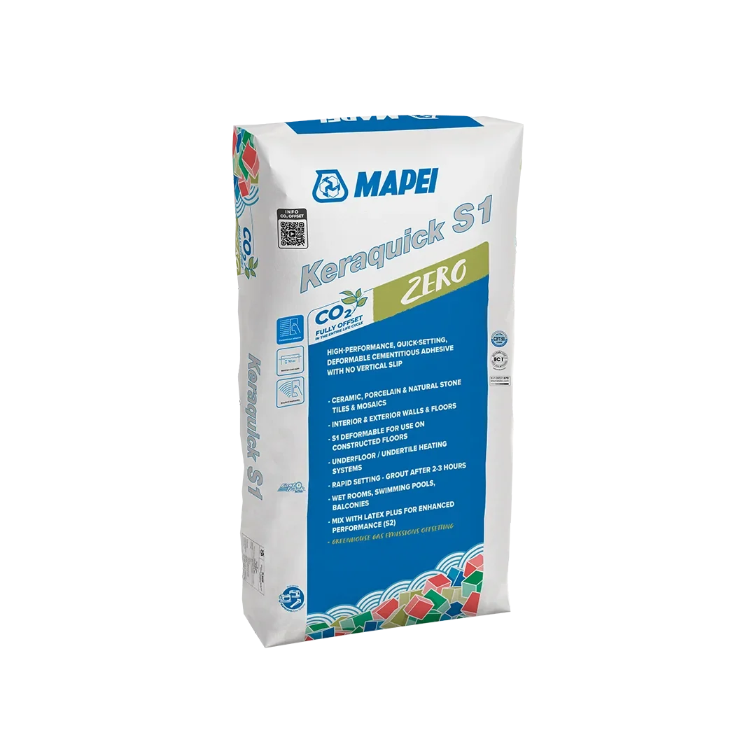 Keraquick S1 Zero — fast-setting, deformable tile adhesive with reduced slip, low VOC, and fully offset CO₂ emissions.