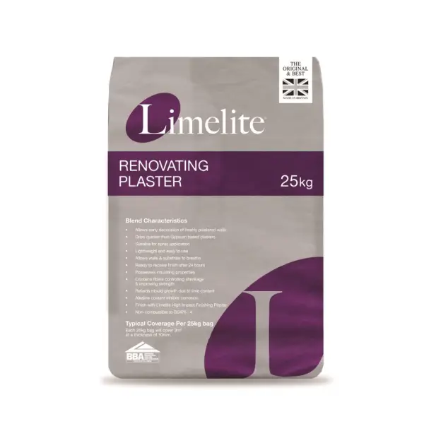 25kg bag of Limelite Renovating Plaster with purple and grey packaging displayed