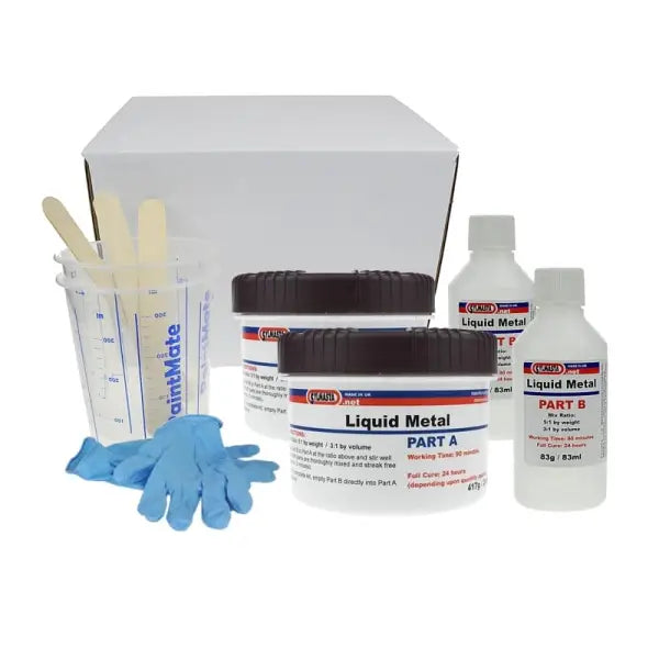 Liquid Metal Epoxy Coating kit featuring mixing containers, gloves, and two-part compound