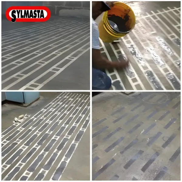 Floor repair strips applied in a linear pattern using Liquid Metal Epoxy Coating