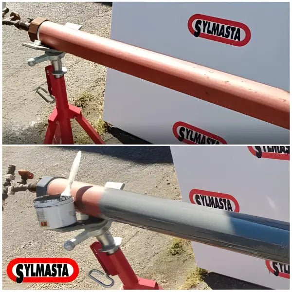 Copper pipe on red metal stand featuring Sylmasta branding for Liquid Metal Epoxy Coating