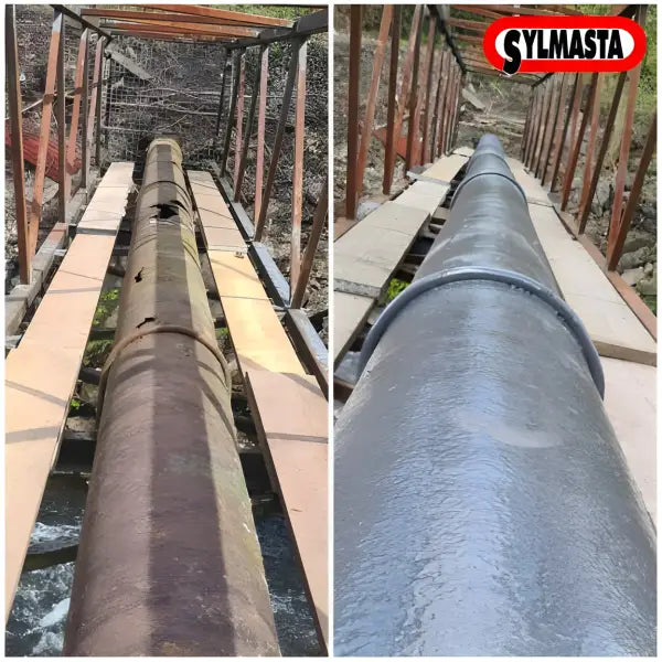 Before and after image of a rusty metal pipe cleaned with Liquid Metal Epoxy Coating