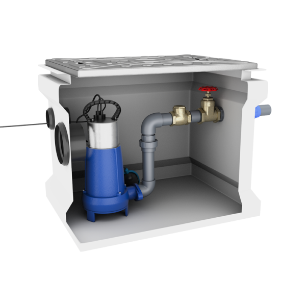 Sump pump system in white basin as part of MagnaPro 650-1000 Macerator product