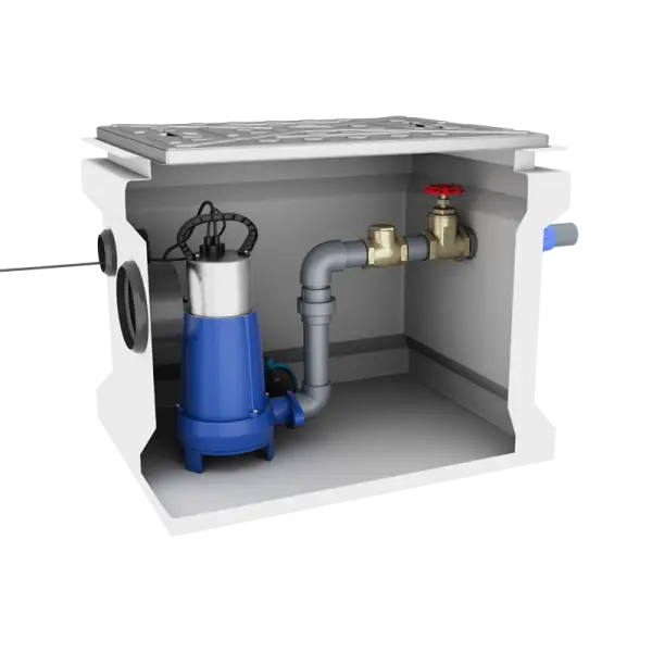 Sump pump system in white basin as part of MagnaPro 650-1000 Macerator product