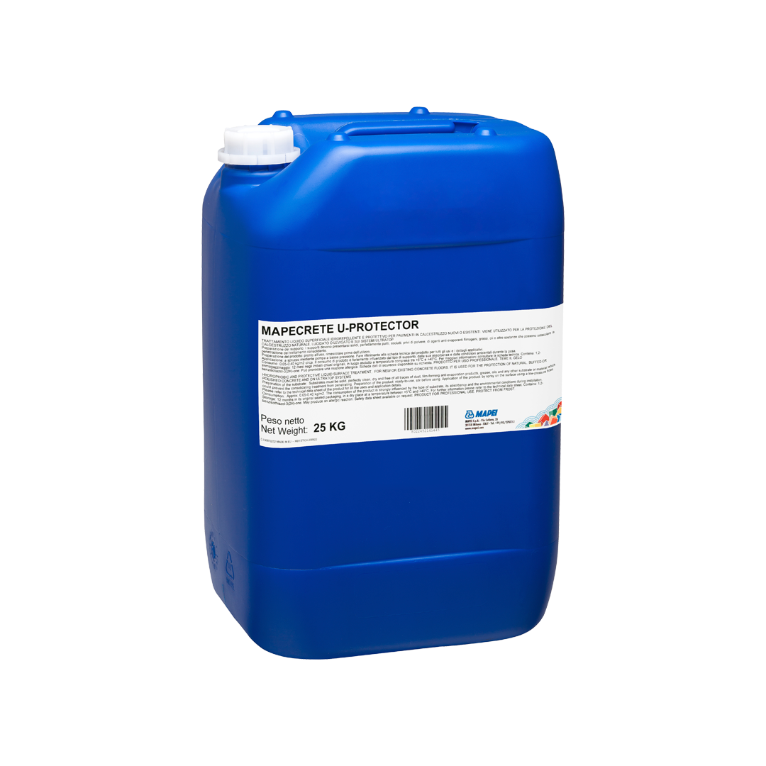 Mapecrete U-Protector water-repellent protective treatment for concrete, polished concrete and Ultratop cementitious floors.