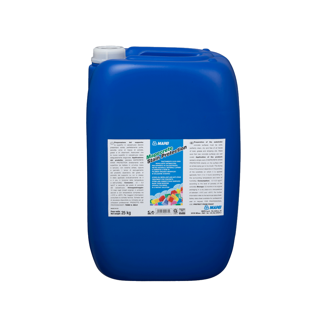 "MAPECRETE STAIN PROTECTION hydro-oil repellent and anti-stain treatment for concrete, natural stone, and cementitious surfaces, offering protection against oil and stains."