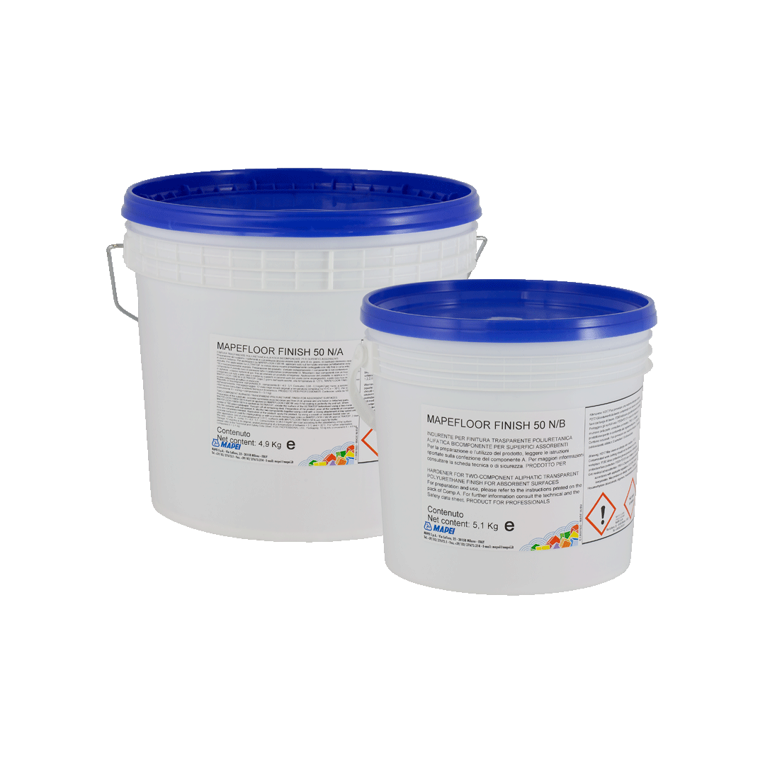 "MAPEFLOOR FINISH 50 N two-component polyurethane finish for absorbent surfaces, offering durability, UV resistance, and fast drying for commercial and industrial floors."