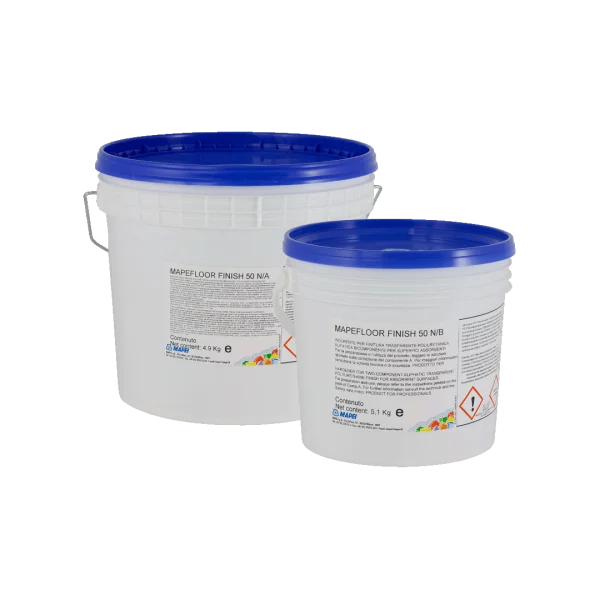 "MAPEFLOOR FINISH 50 N two-component polyurethane finish for absorbent surfaces, offering durability, UV resistance, and fast drying for commercial and industrial floors."