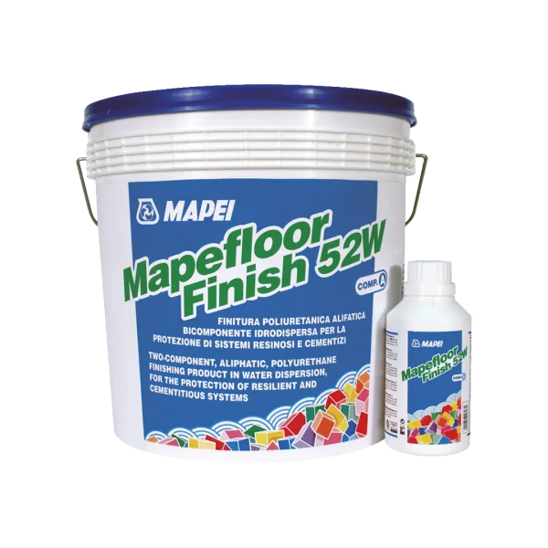 Mapei Mapefloor Finish 52 W two-component polyurethane sealer – large plastic drum with smaller bottle, used as a dust-repellent and anti-oil protective finishing coat for concrete and epoxy floors.