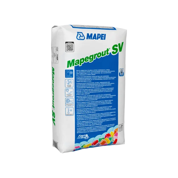 Bag of Mapei Mapegout SV – high-performance, quick-setting, shrinkage-compensated mortar for concrete repair, featuring product details and branding on packaging.