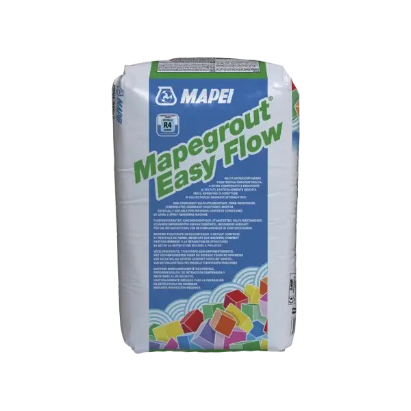 Mapei Mapegrount Easy Flow 25kg Bag, a fibre-reinforced, sulphate-resistant mortar for concrete repair, ideal for long-distance pumping and vertical surface applications.