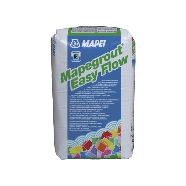 Mapei Mapegrount Easy Flow 25kg Bag, a fibre-reinforced, sulphate-resistant mortar for concrete repair, ideal for long-distance pumping and vertical surface applications.