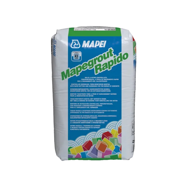 Mapei Mapegrount Rapido 25kg Bag, a controlled-shrinkage, fibre-reinforced rapid-setting mortar for quick concrete repairs, ideal for use on damaged structures