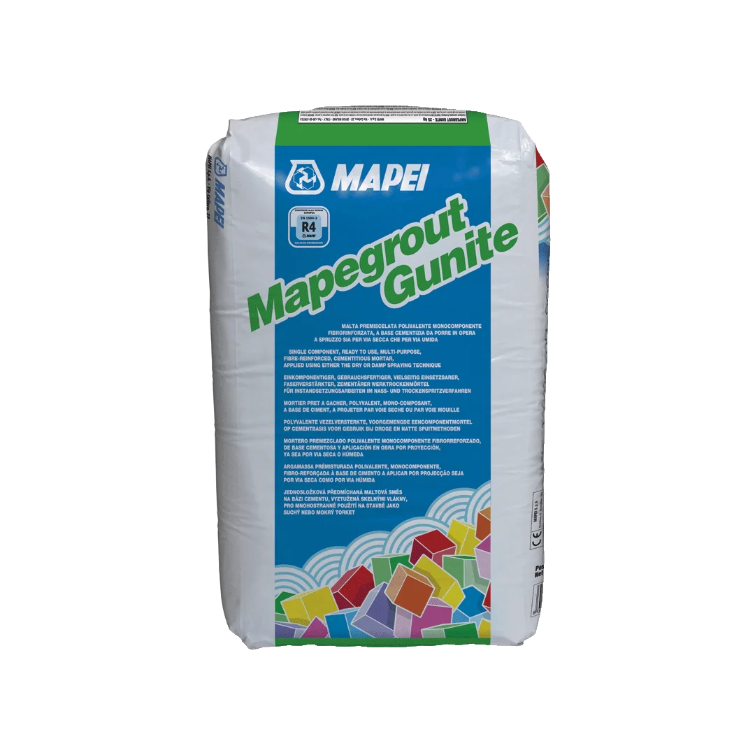 Mapei Mapegrount Gunite 25kg Bag, a multi-purpose non-accelerated cementitious mortar for concrete repair, ideal for structural repairs using spray techniques