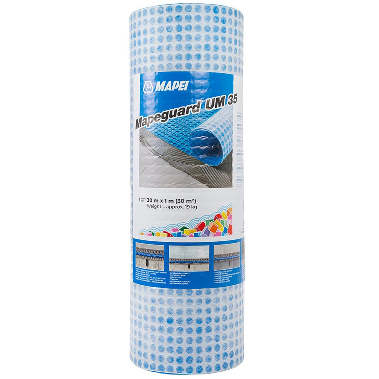 Mapeguard UM 35 waterproofing and anti-fracture uncoupling membrane roll for ceramic and stone tile installations.