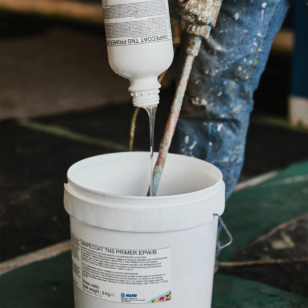 Mapei Mapecoat TNS Primer EPW Epoxy primer for sports and resin flooring. Improves adhesion on concrete and asphalt.