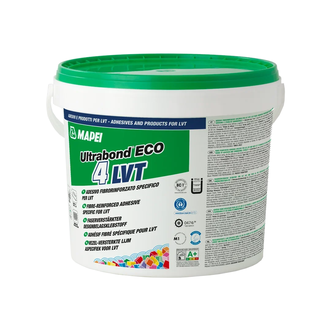 Mapei Ultrabond ECO 4 LVT adhesive in a white plastic tub with green lid, labeled for fibre-reinforced LVT flooring installations.