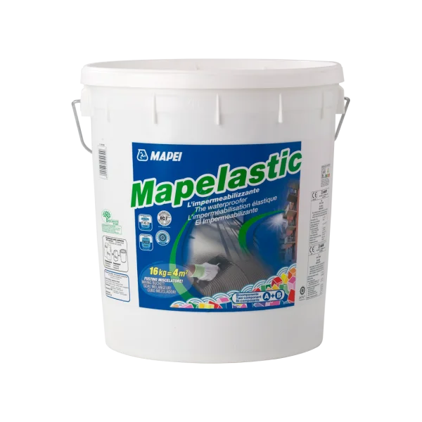 Mapei Mapelastic 16kg waterproofing mortar bucket for balconies, terraces, bathrooms, and swimming pools – flexible cementitious coating.