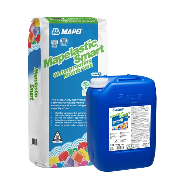 Waterproofing Mortar, Cementitious Mortar, Crack-Bridging Mortar, Waterproofing System, Pool Waterproofing, Terrace Waterproofing, Balcony Waterproofing, Concrete Protection, Mapelastic Smart, UV Resistant Mortar, Potable Water Approved, Mapetex Sel Reinforcement, Mapenet 150 Reinforcement

