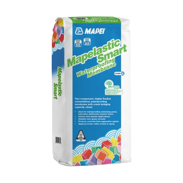 Waterproofing Mortar, Cementitious Mortar, Crack-Bridging Mortar, Waterproofing System, Pool Waterproofing, Terrace Waterproofing, Balcony Waterproofing, Concrete Protection, Mapelastic Smart, UV Resistant Mortar, Potable Water Approved, Mapetex Sel Reinforcement, Mapenet 150 Reinforcement
