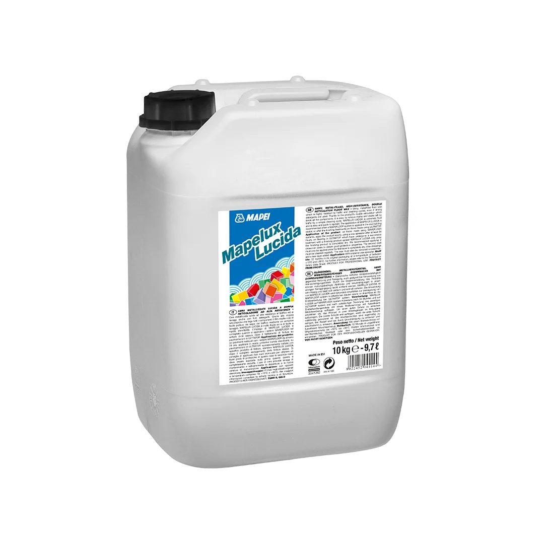 Mapei Mapelux Lucida 10kg container – high-strength metallic floor wax for protecting and polishing Ultratop and Mapefloor system floors.