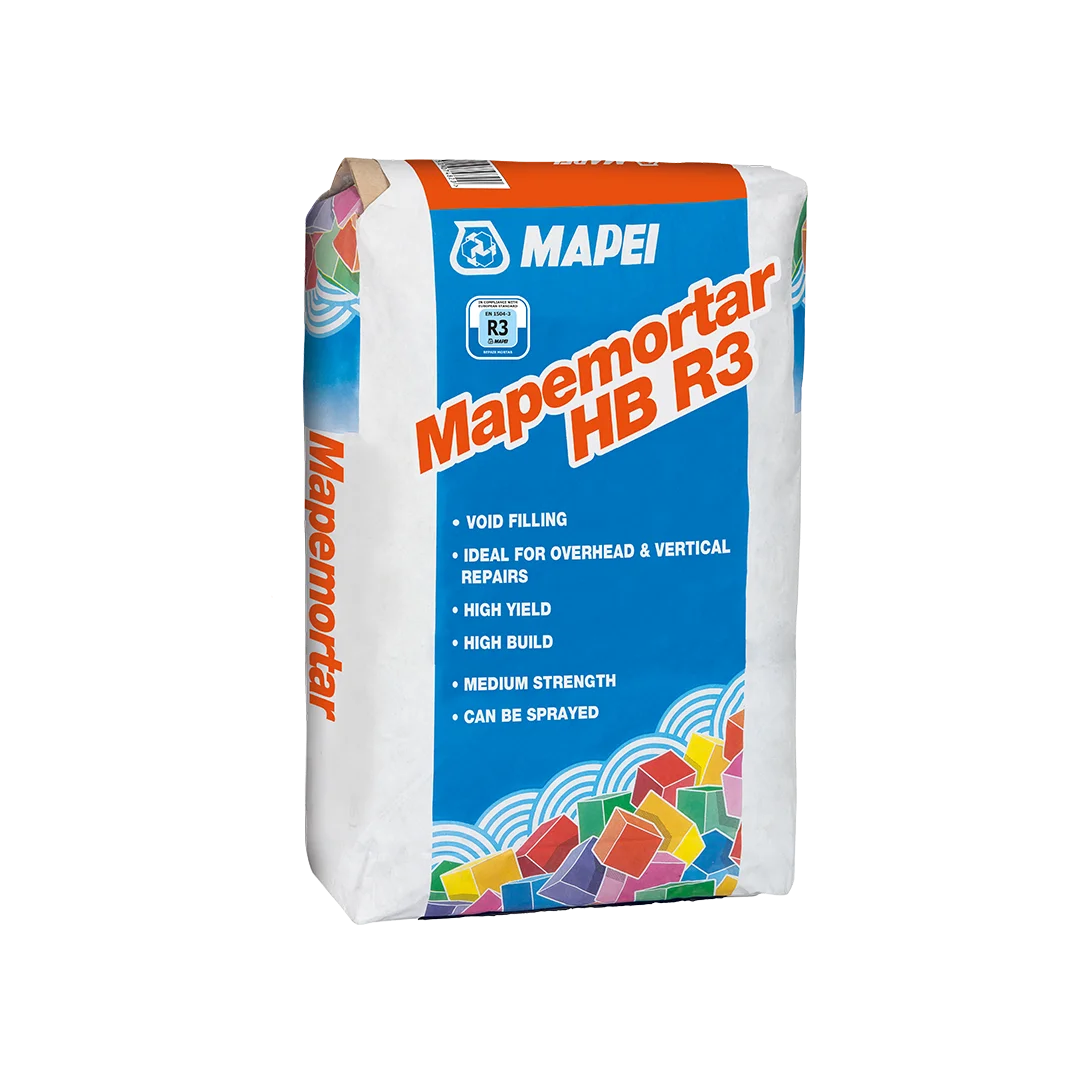 Mapei Mapemortar HB R3 25 kg high-build structural concrete repair mortar in grey bag, for vertical, overhead, and horizontal concrete restoration.