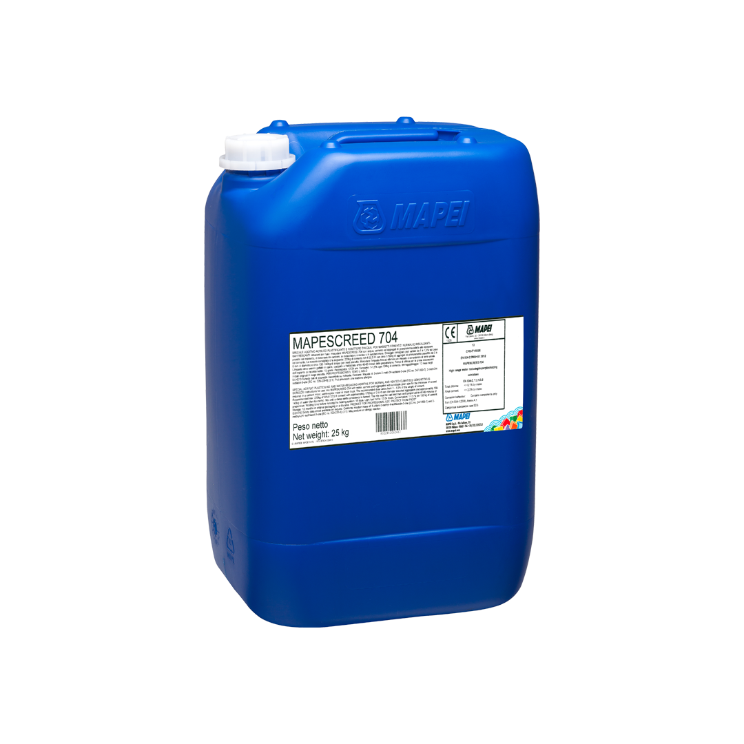 "MAPESCREED 704 acrylic-based plasticising and water-reducing admixture for cementitious screeds, improving workability, reducing shrinkage, and enhancing strength."