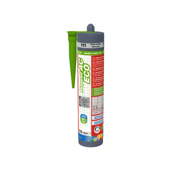 MAPESIL AC ECO silicone sealant tube in silver grey color, featuring eco-friendly, solvent-free, and mould-resistant product labeling