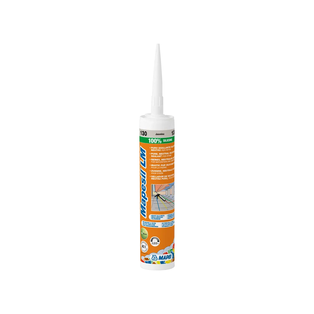 Mapesil LM 130 Jasmine neutral silicone sealant cartridge, 310ml – non-staining, mould-resistant for natural stone, marble, granite, and facades.
