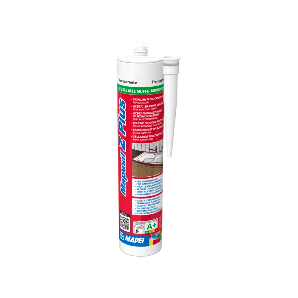 "MAPESIL Z PLUS mould-resistant acetic silicone sealant for sanitary fittings, ideal for bathrooms and kitchens, flexible up to 20% movement, EC1 Plus certified."