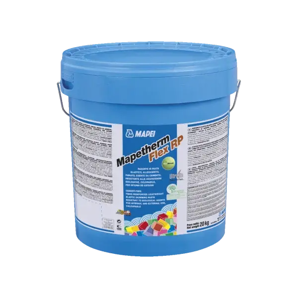 A 20 kg bucket of MAPETHERM FLEX RP, a cement-free, fibre-reinforced, lightweight elastic skimming paste for high-impact protection and insulation systems.