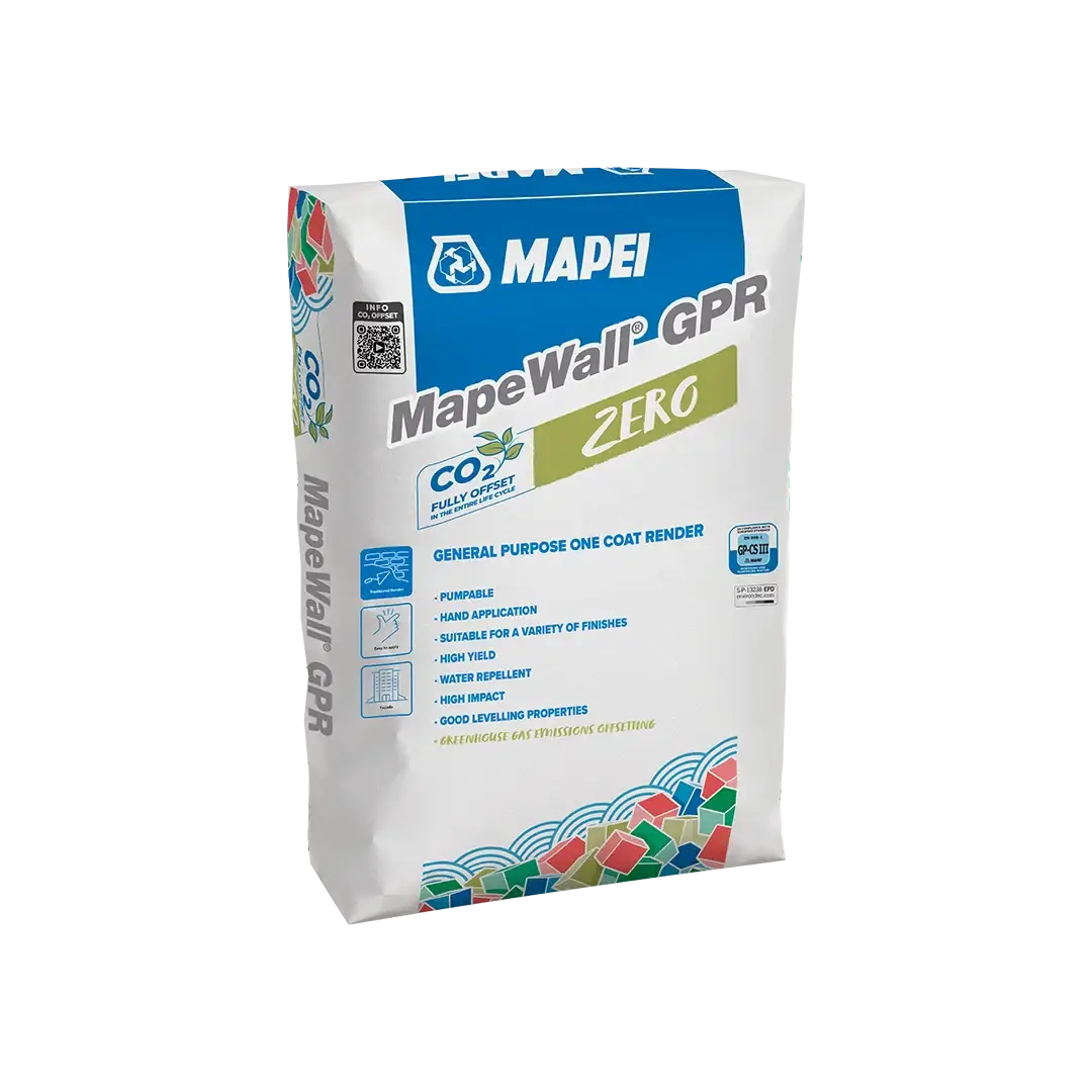 MapeWall GPR Zero general purpose CO₂-offset render for internal and external masonry. Ideal for levelling, dubbing out and finishing up to 40 mm.